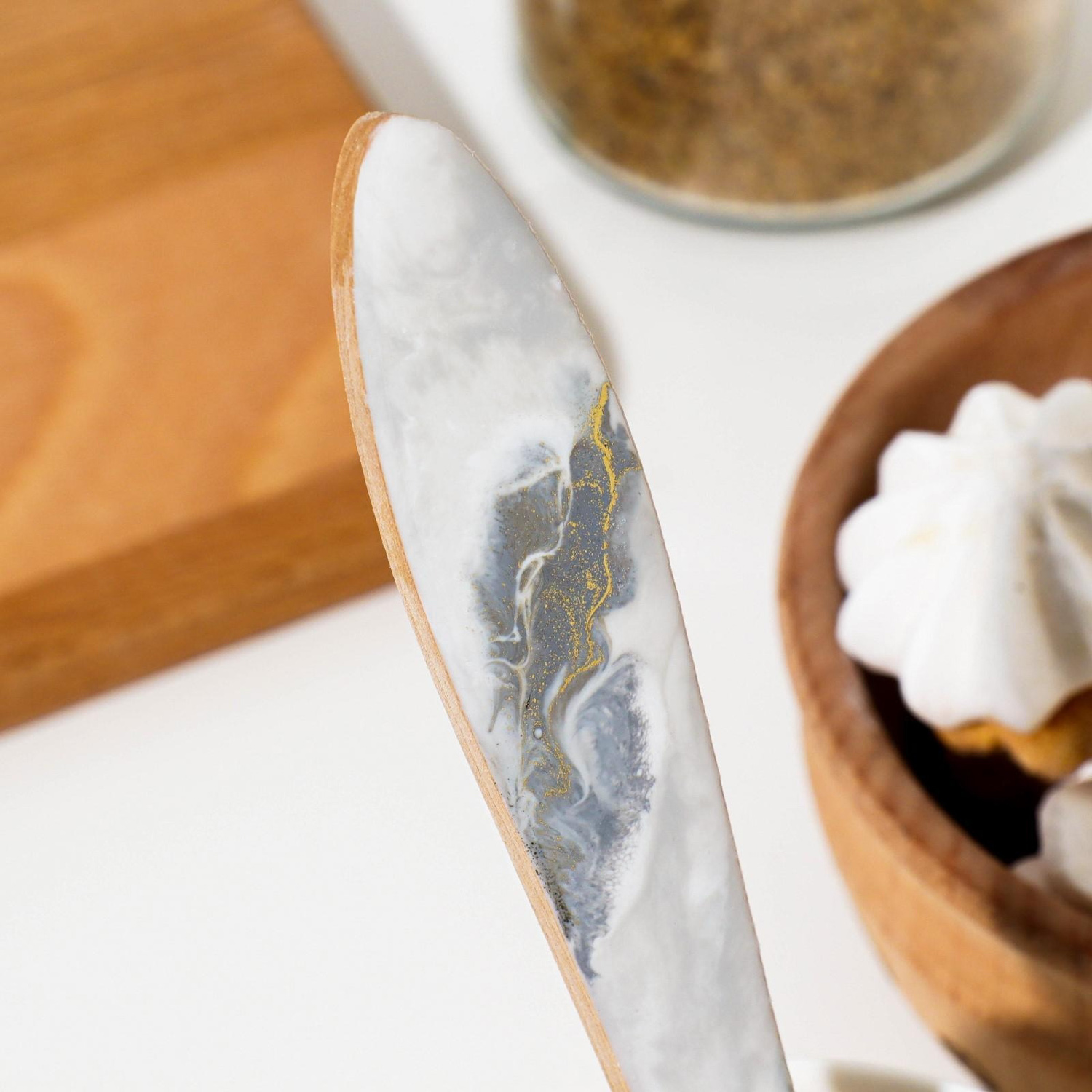 яяяЛопатка деревянная "Мрамор №1" 21х4,5х0,4 см береза, эпоксидная смола 7338869