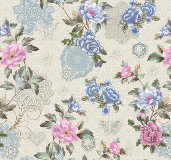 яяяКлеёнка на тканевой основе "Этюд" "Пионы на кружеве голубые" шир.1,25м 588/ 1 "Колорит" *25