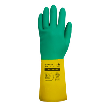 Перчатки латексные с неопреном Кислото-Щелоче-Стойкие Зел./Желт. 1пара р-р"L" 122KHS "А.Д.М." *1/60
