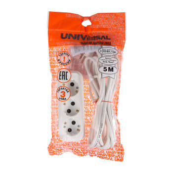 Удлинитель бытовой UNIVersal У10-554, 3 розетки, 5 м, ПВС, 3х0,75 мм2, 2200 Вт, заземление