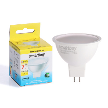 Лампа светодиодная Smartbuy, GU5.3, рефлектор MR16, 7 Вт, 560 Лм, 3000 К, теплый белый