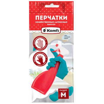 Перчатки латексные Удлиненные "БИКОЛОР" Бежевый/Бирюзовый 1пара р-р  "M" BICOLO6 "Komfi" *12/144