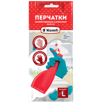 Перчатки латексные Удлиненные "БИКОЛОР" Бежевый/Бирюзовый 1пара р-р "L" BICOLO7 "Komfi" *12/144