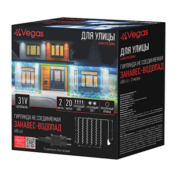 Гирлянда «Занавес-Водопад» Vegas 31V, 2х2 м, 2 режима, холодный белый, 400 LED