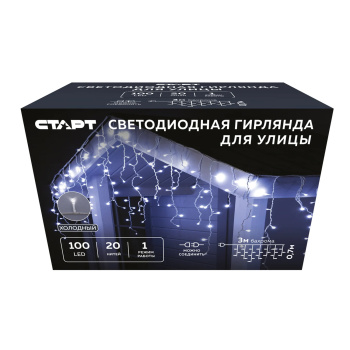 Гирлянда «Бахрома» Старт, 3х0.7 м, фиксинг, теплый белый, 100 LED, IP45, 220 В